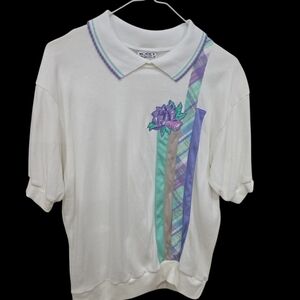 Polo blanco Koret con rayas moradas y verdes